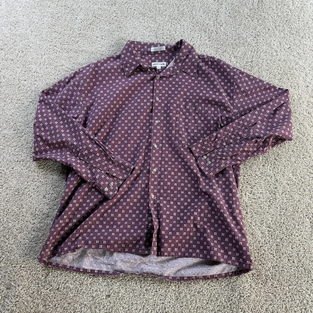 Vintage Pierre Cardin Shirt Men XL Purple Geometric Long Sleeve Button Up Cotton